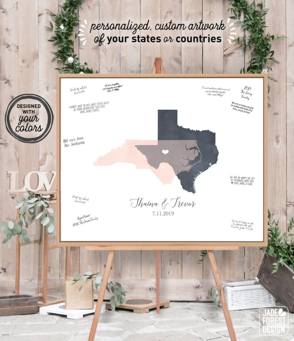 Personalized Wedding Guest Book Canvas, Watercolor Map | Two States