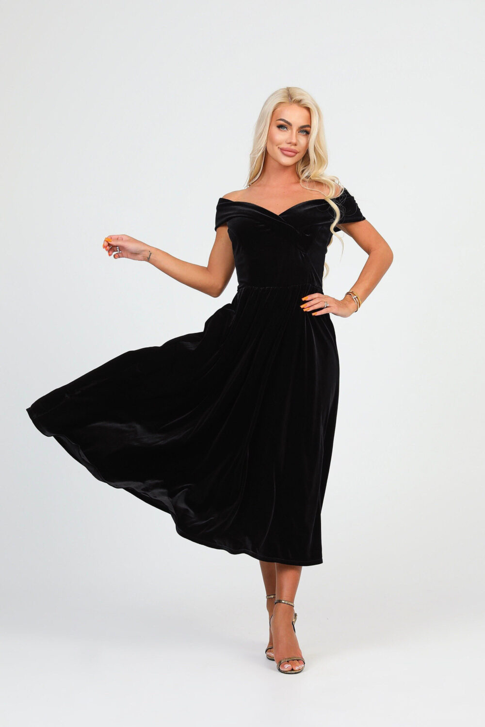 Velvet Off-Shoulder Midi Dress, Formal Cocktail A-Line