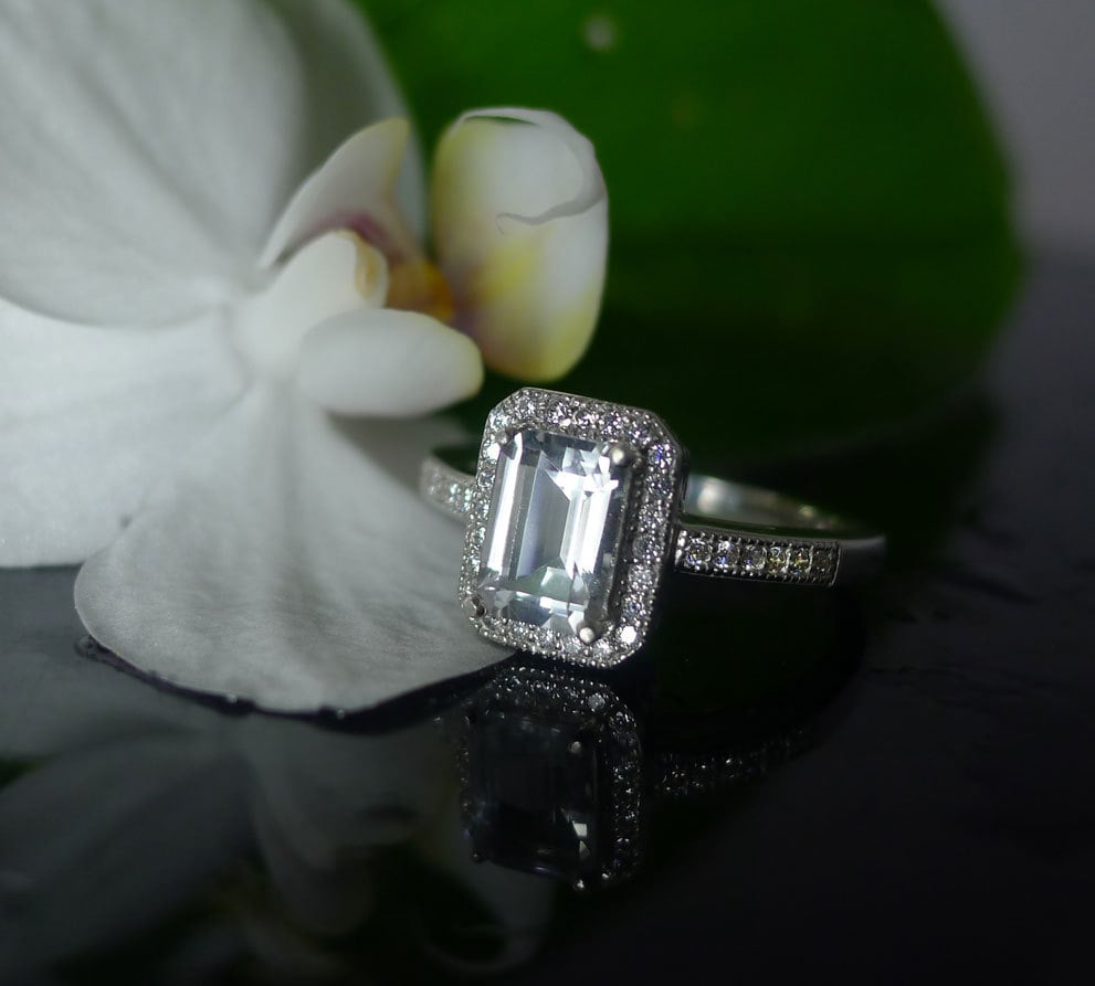 Emerald Cut Engagement Ring, Sterling Silver Natural Gemstone Herkimer Diamond Ring, Emerald Halo Ring