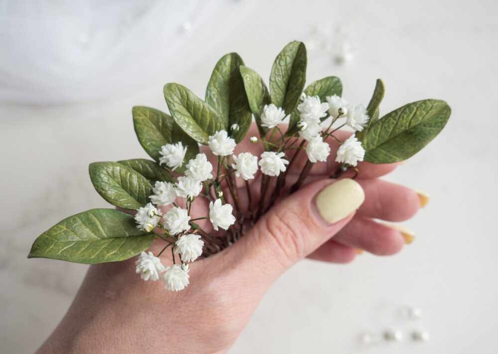 Bridal Flower Hair Piece - Wedding Floral Pins Babies Breath Greenery