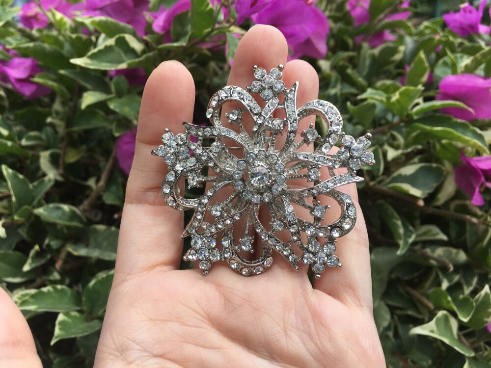 Sale - Flower Brooch, Crystal Bridal Wedding Mother Of Groom Gift, Dress Pin, Silver Art Deco Prom Brooch