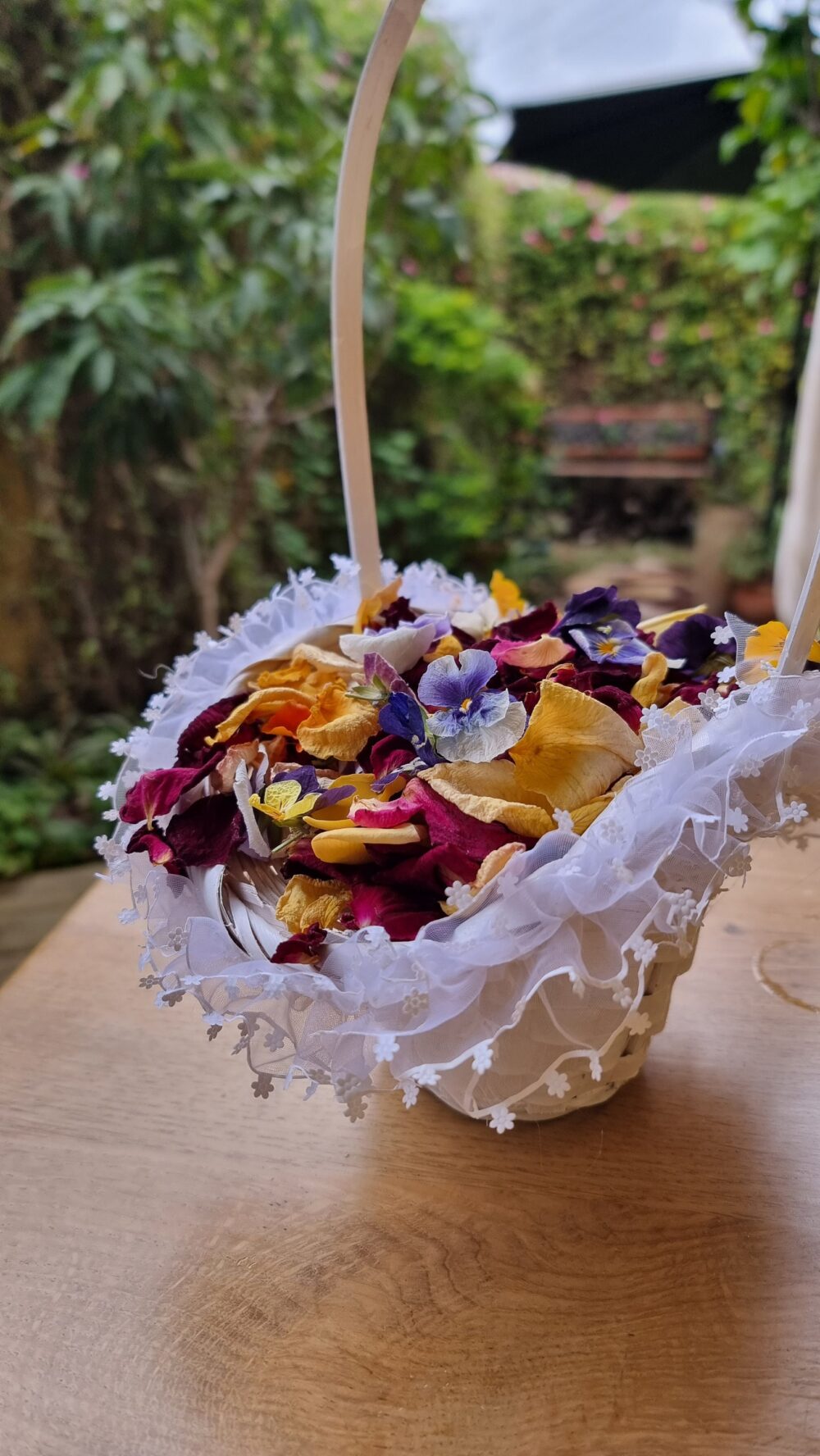 White Wedding Flower Girl Basket With Dried Rose & Pansy Petals