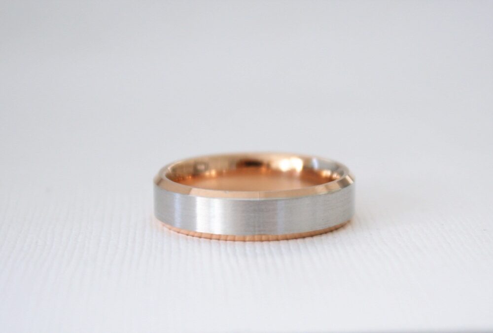 Handmade Beveled Men's Wedding Band in 14K Two Tone Rose & White Gold