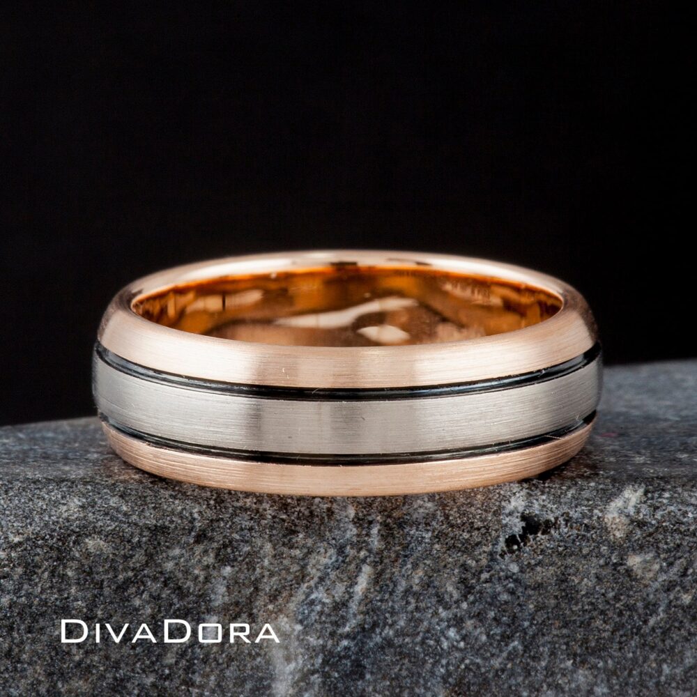 14K Solid Gray Gold Wedding Band With Yellow/Rose/White Gold, Black Enamel Grooves, Man's Band, Grey Custom Engraving, Dd201-0