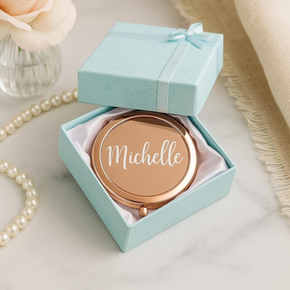Compact Mirror Custom Engraved With Gift Box Rose Gold Hand Pocket Portable Make Up Christmas Bridesmaid Wedding Party Favour