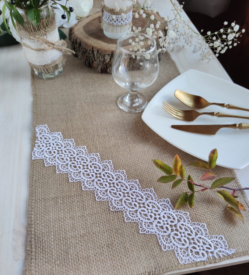 Wedding Table Runner Lace, Table Burlap With White Farmhouse Decor
