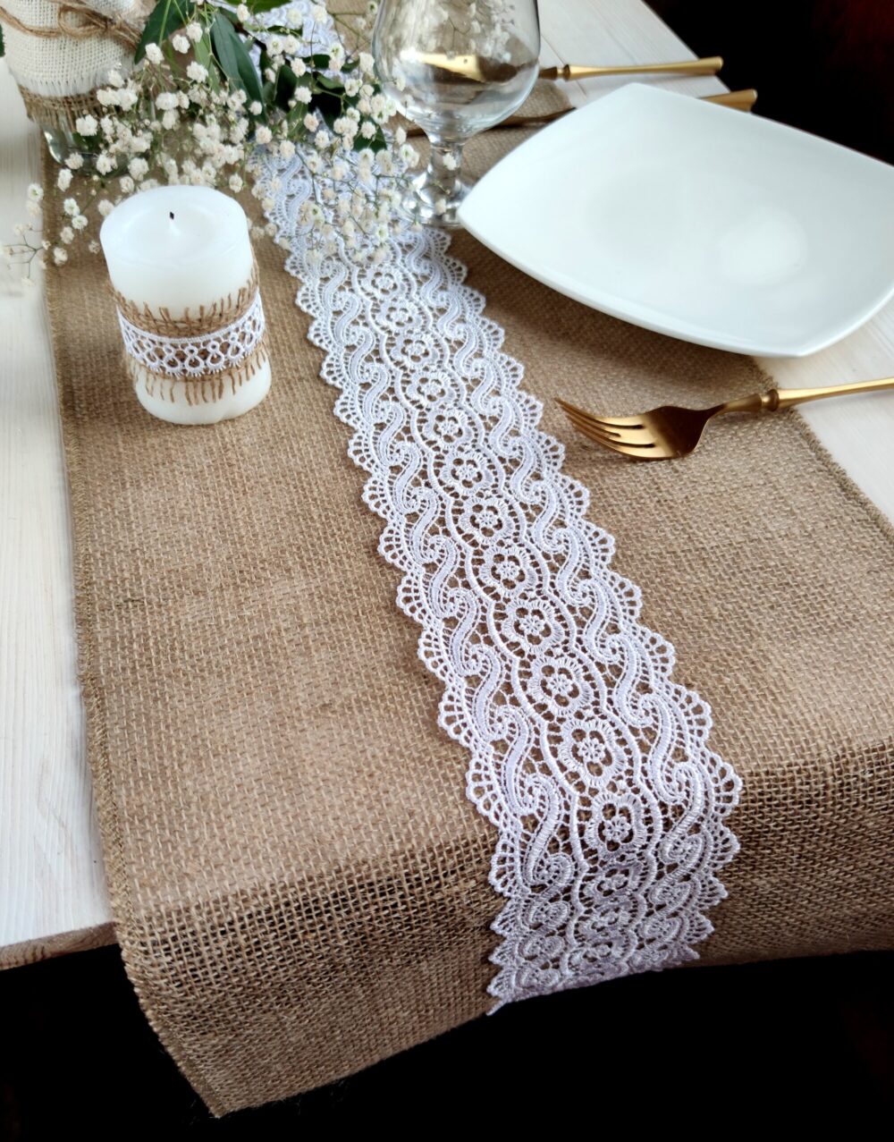 Wedding Table Runner, Table Runner Burlap With White Lace, Farmhouse
