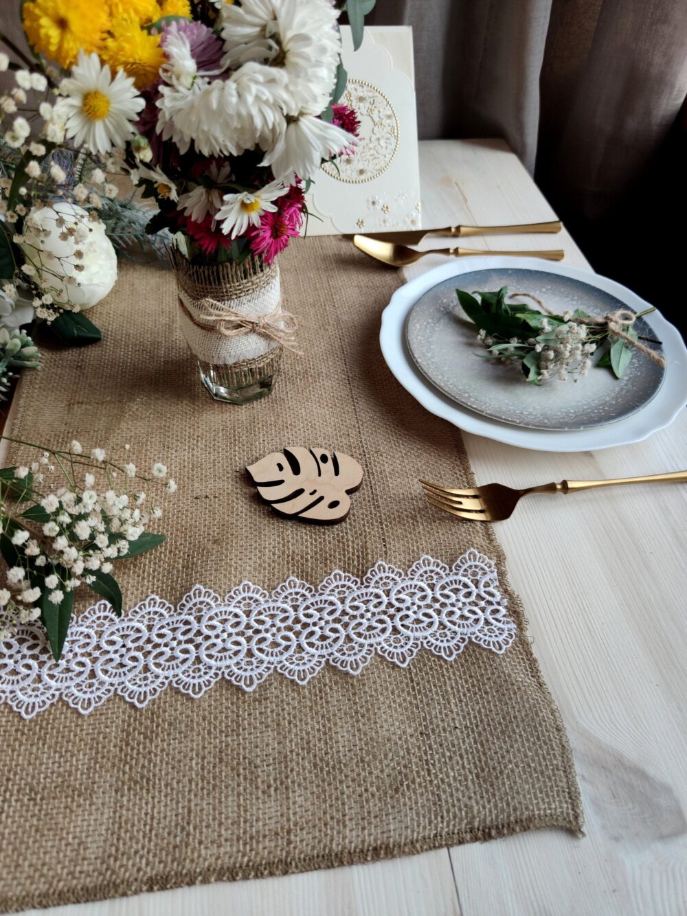 Wedding Table Runner Lace, Table Burlap With White Jute