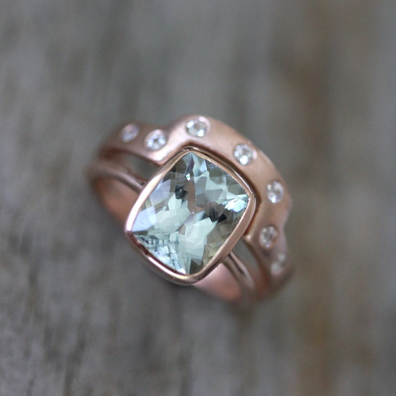 Aquamarine Rose Gold Engagement Ring Wedding Set, 14K Cushion Cut & White Sapphire Band, Eco Friendly