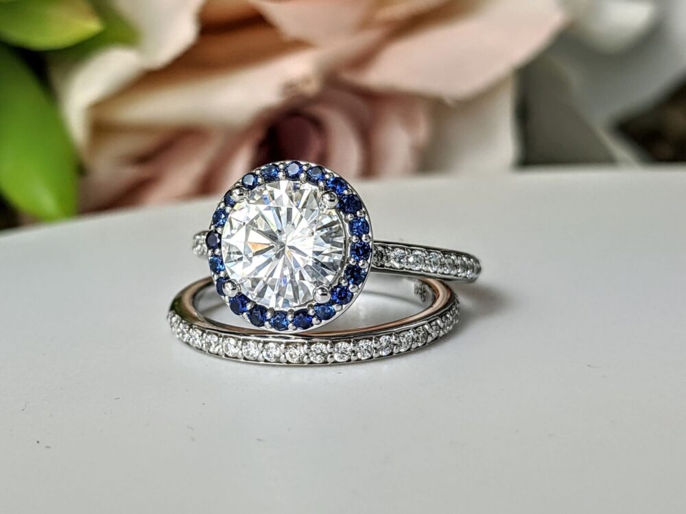 Gold Bridal Set With Round Moissanite, Sapphire Halo Engagement Ring, Flush Band Wedding Ring