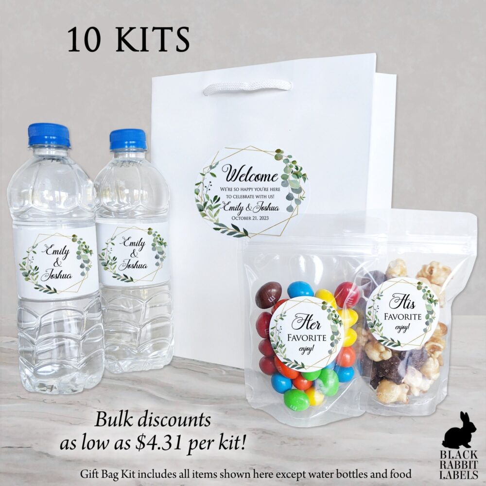 Wedding Favor Kit - Includes | 10 High Quality Gift Bags With Treat & Customized Labels Greenery in Geometric Shape Gg18
