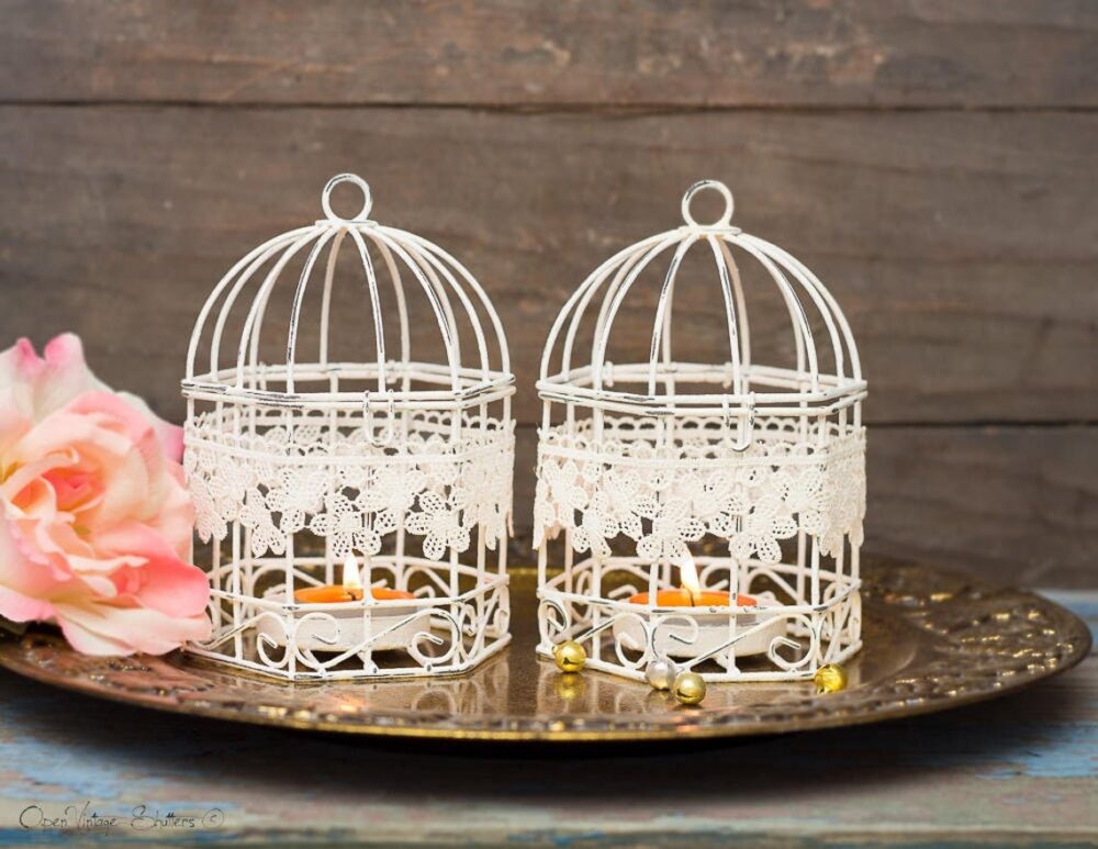 Set Of 2 Lanterns Shabby White Bridesmaid Gifts Boho Nursery Decor Dorm Room Bird Cages Wedding Tealight Candle Holder, Limited Quantity