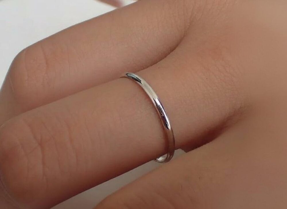 1.5mm Simple Thin Plain Wedding Band, Half Dome in 14K Solid Gold Smooth Dainty Stackable Band