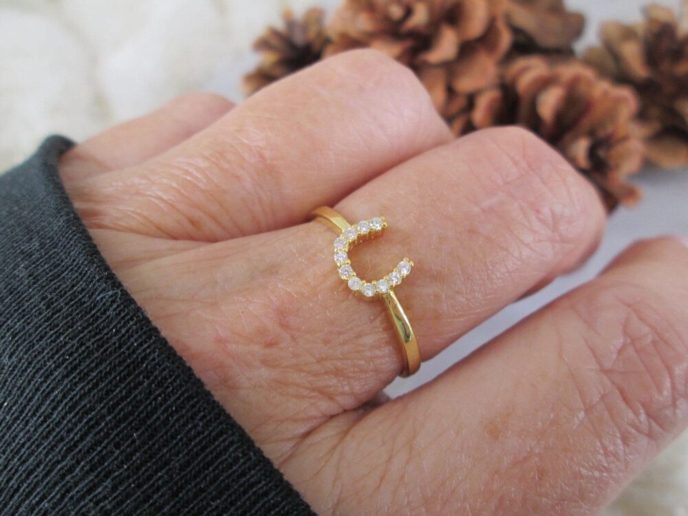 Gold Horseshoe Ring With Simulated Diamonds>Dainty 14Kt.gold Over Sterling Horseshoe Ring, Diamond Ring, Equestrian, Good Luck, Horse