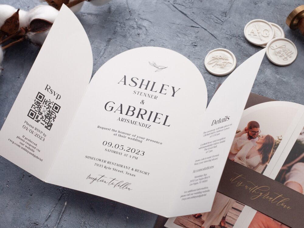 Arch Wedding Invitation With Photo, Modern Folded Gate Fold Invite, Qr Code Rsvp, Minimalist & Elegant Invitations
