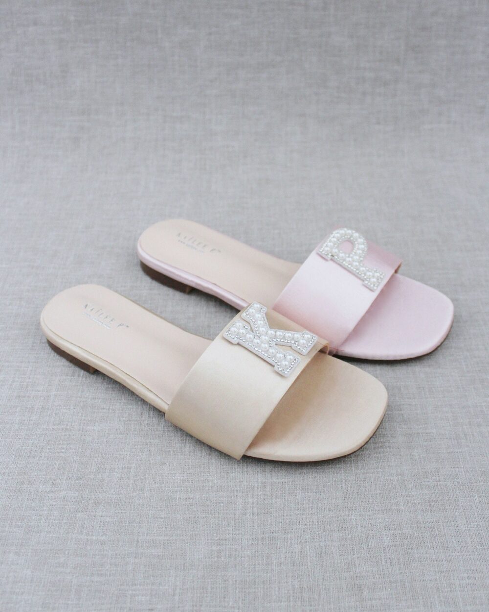 Personalized Satin Slip-On Flat Wedding Sandals, Bridal Bridesmaids Gift, Beach