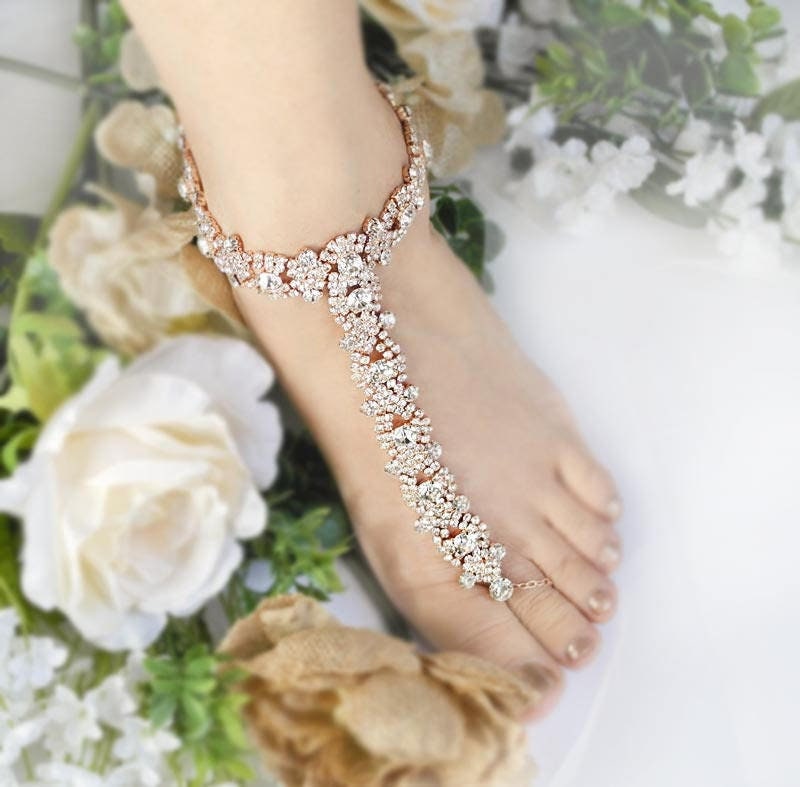 Wedding Rose Gold Barefoot Sandals, Crystal Bridal Foot Jewelry, Silver Rhinestone Footless Sandal-Sd016