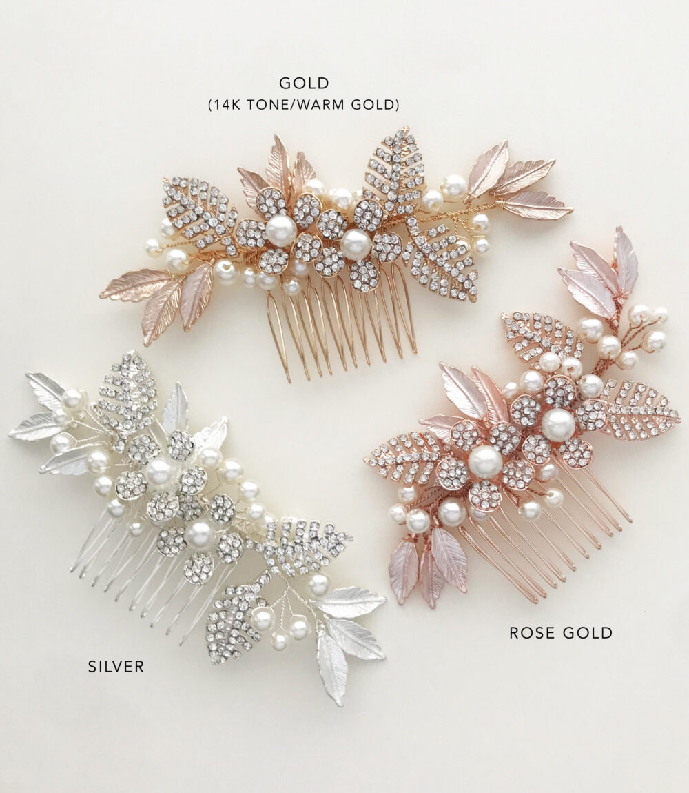 Wedding Hair Comb Crystal & Pearl, Bridal Accessory Flower Leaf, Boho Classic Vintage - "Melody'