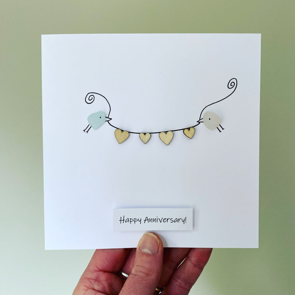 Personalised Anniversary Card Wedding Engagement Cornish Sea Glass Art Handmade in Cornwall