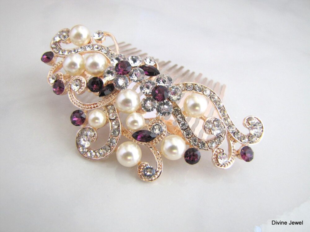 Gold Crystal Bridal Hair Comb Wedding Purple Crystal Flower & Leaf Wedding Accessories Vintage Style Amethyst Headpiece Kendra