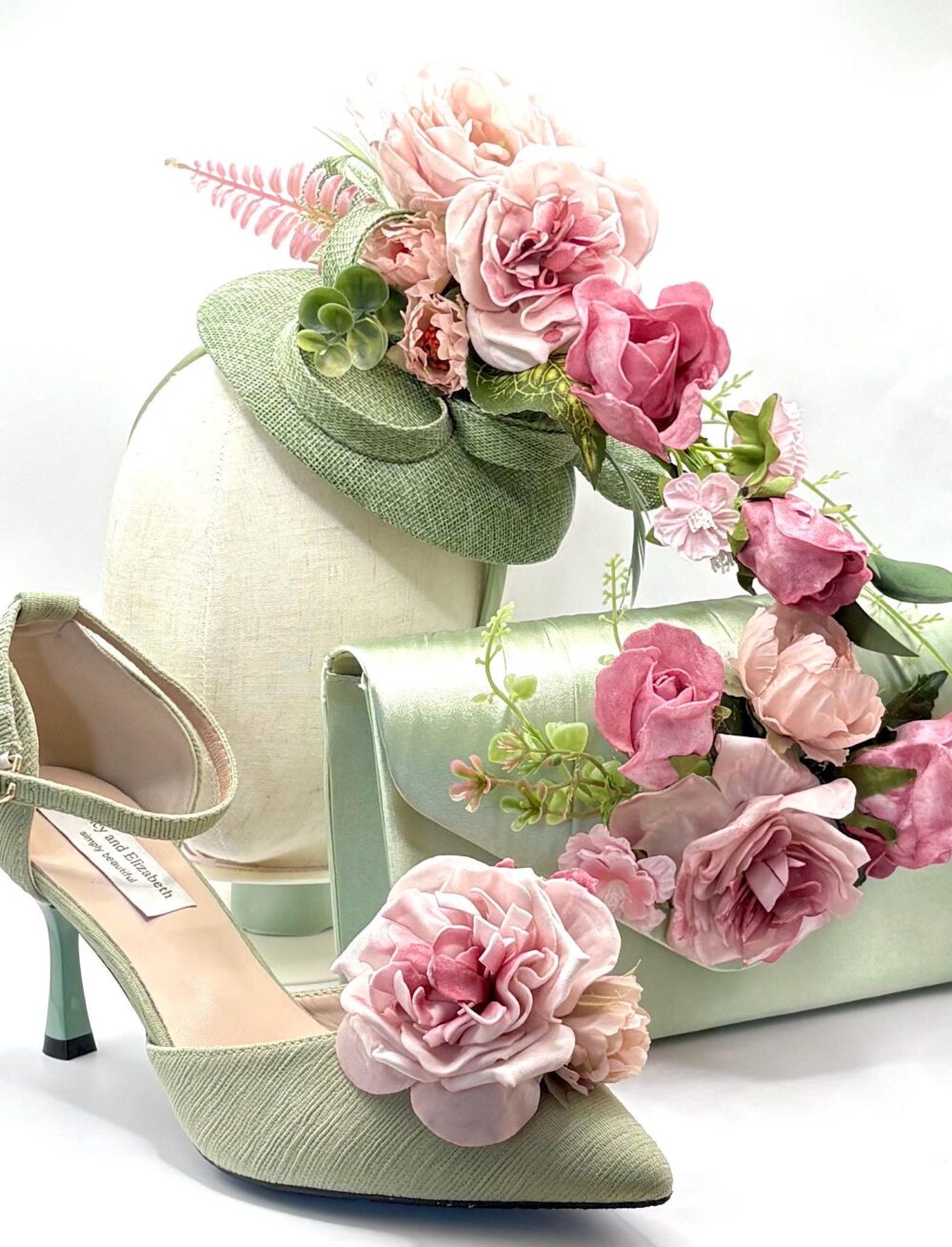 Sage Green Rose Pink Wedding Fascinator Hat With Shoes & Clutch Bag