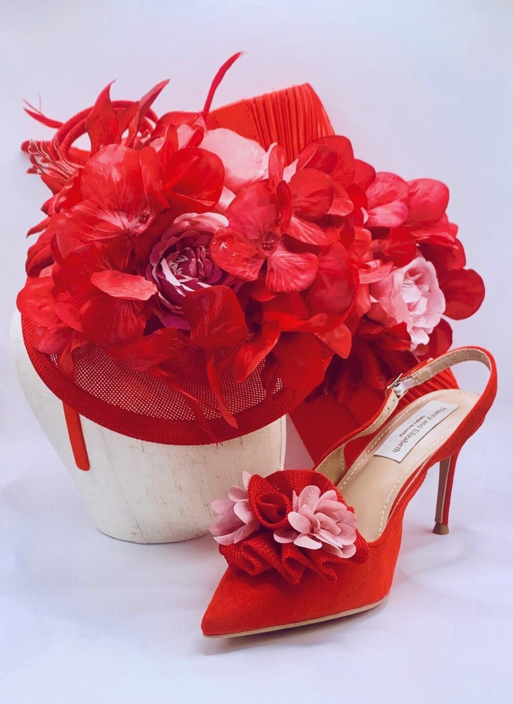 Red Flower Wedding Fascinator Hat With Shoes & Clutch Bag