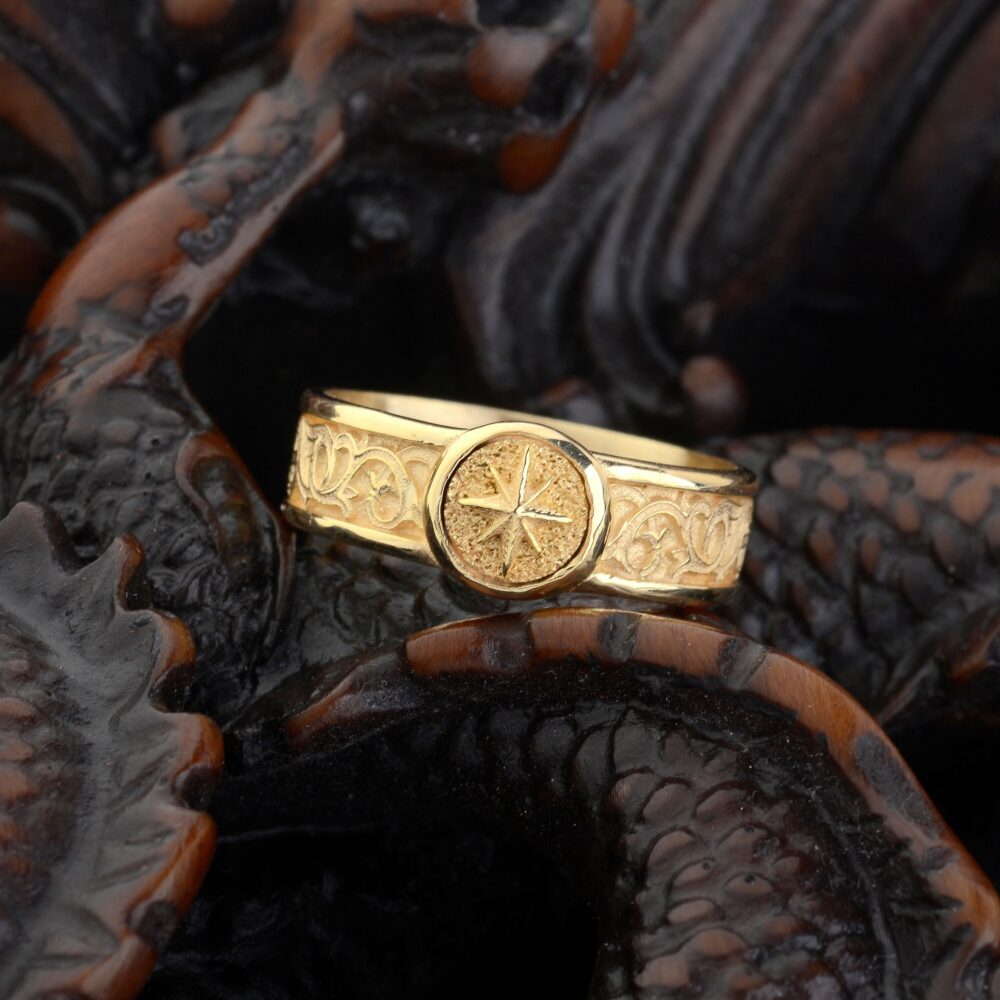 10K Solid Gold North Star Engagement Ring, Handmade Real Band Christian Mens Signet Holy Cross Ring