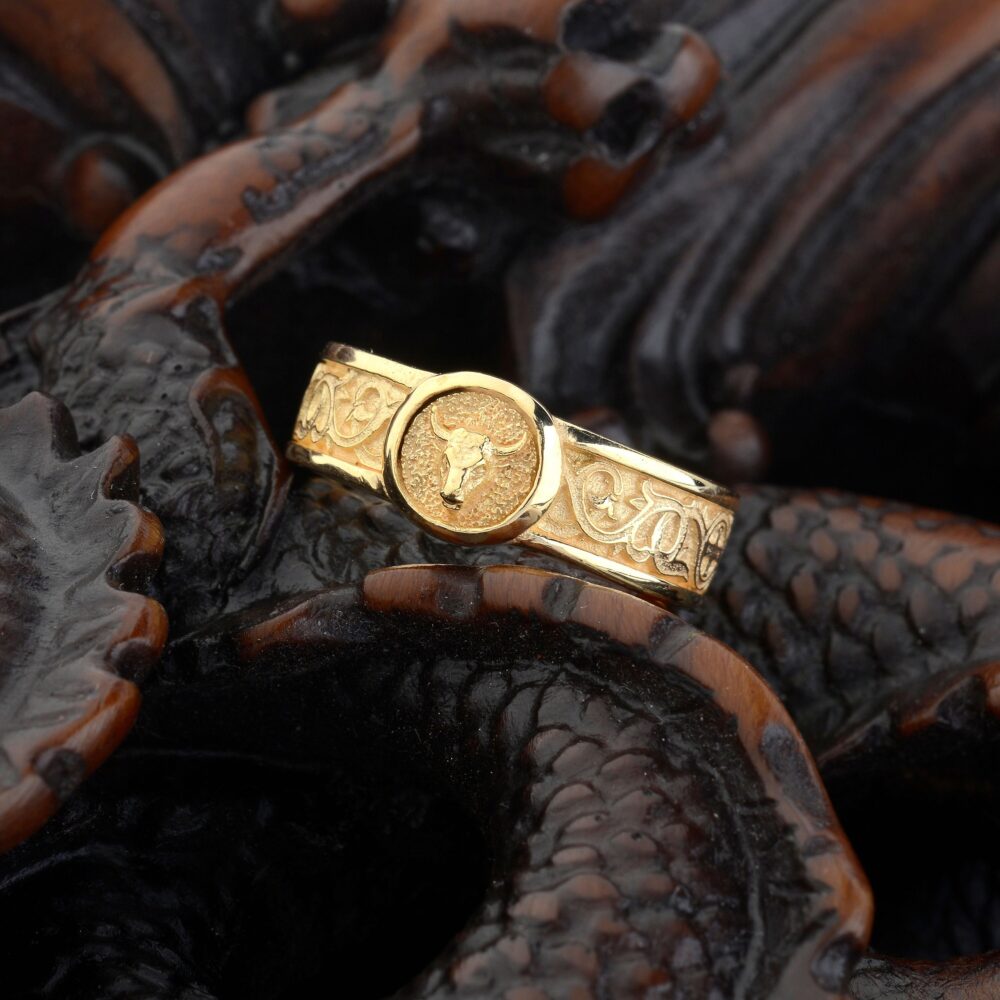 10K Gold Taurus Bull Band Ring, Solid Engagement Lily & Cross Motifs Head Signet Mens Memorial Gift For Him