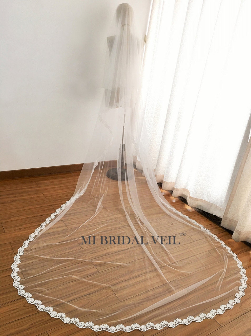 Cathedral Wedding Veil, Rose Lace At Fingertip, Veil W Blusher, Drop Bridal Mi Hand Made