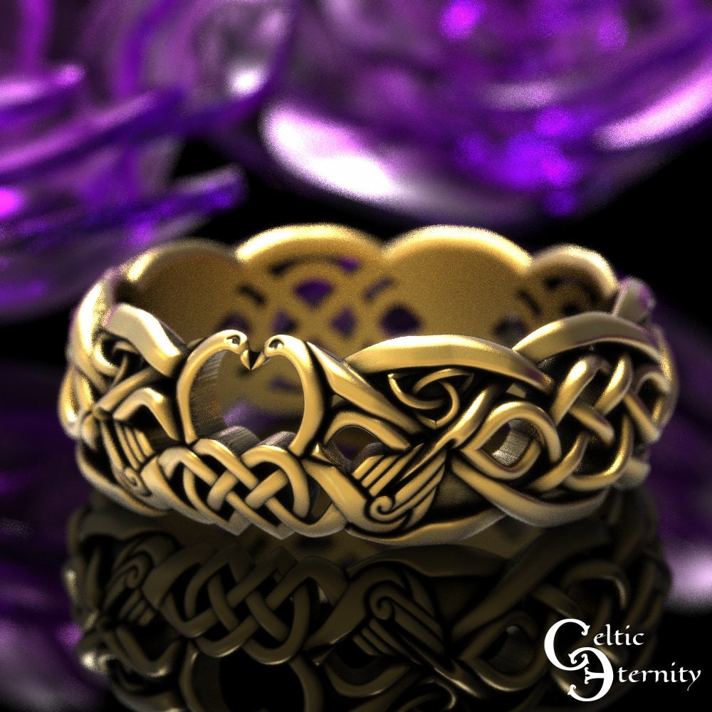 Swan Wedding Ring, Gold Celtic Band, White Bird 1809