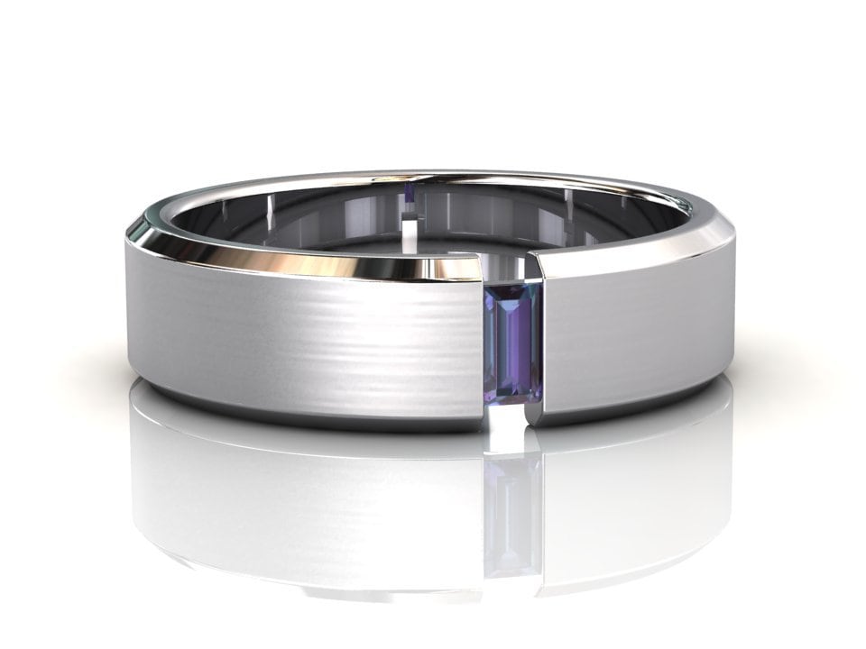 Mens Alexandrite Wedding Band, Solid Platinum, Ring, Promise 6mm Brushed Finish Center, Unisex, July Birthstone