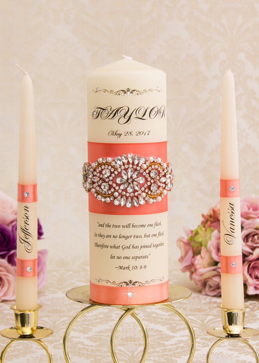 Coral Gold Wedding Unity Candle Set Candles Personalized Rhinestone Rose