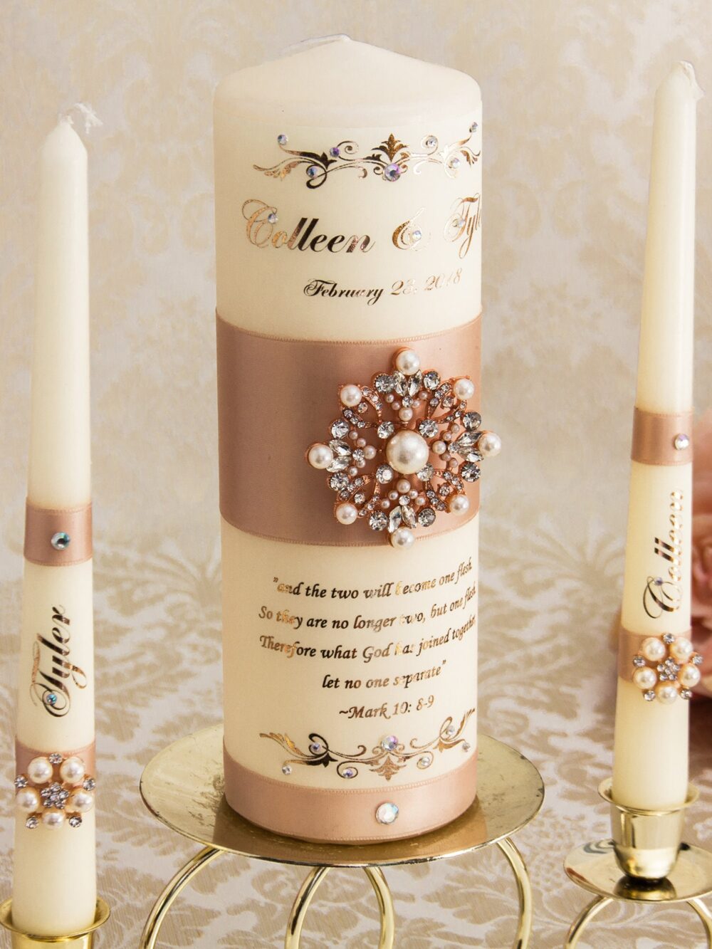 Rose Gold Wedding Unity Candle Set, Blush Candles Pearl Personalized