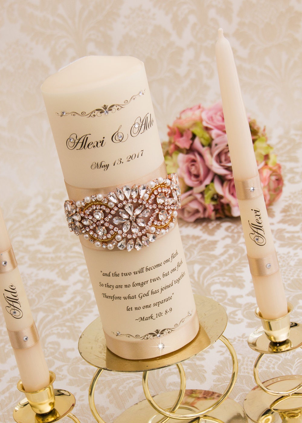 Rose Gold Wedding Unity Candle Set Candles Champagne Personalized