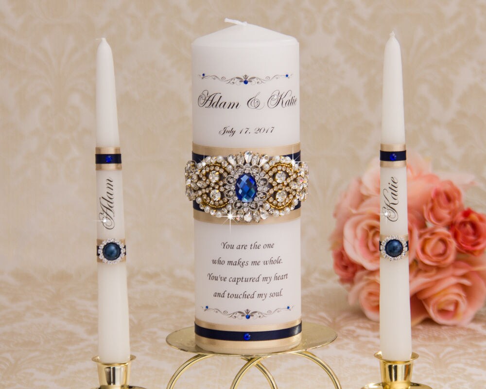 Navy Blue & Champagne Wedding Unity Candle Set, Personalized Candle, Gold Candles, Crystal Monogram Set