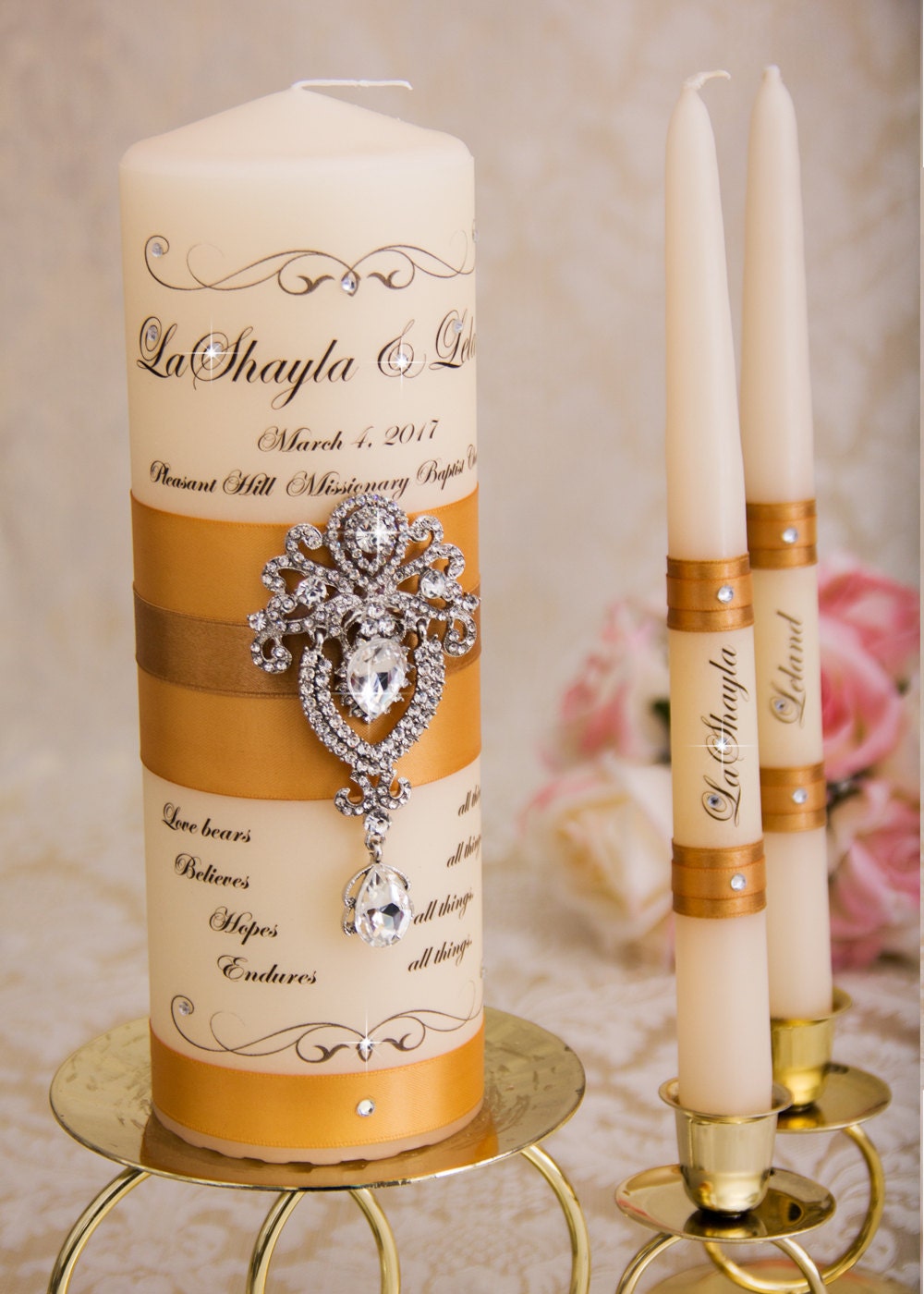 Golden Wedding Unity Candle Set, Candles Personalized Candles, Gold Custom
