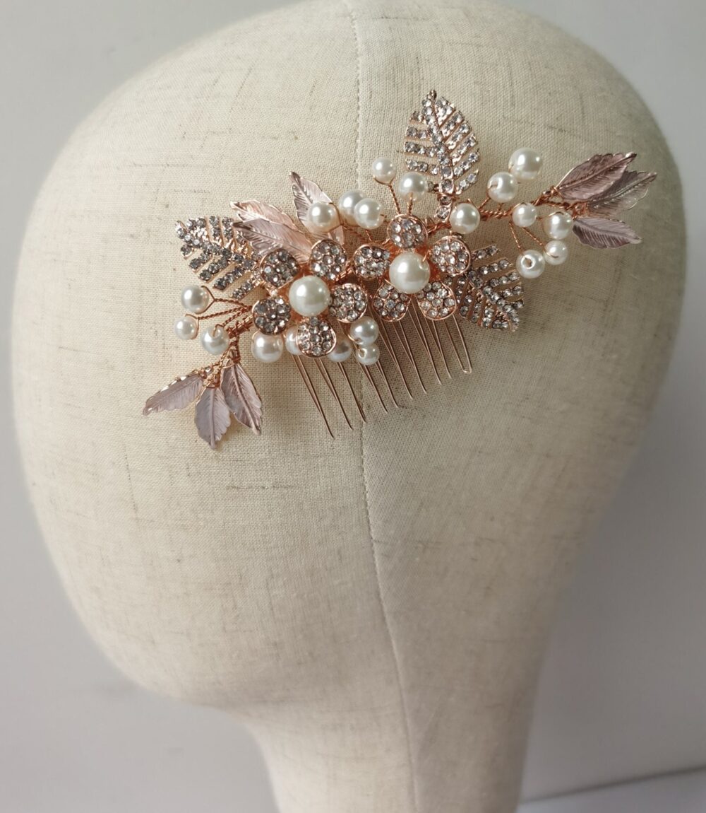 Vintage Style Wedding Hair Comb, Crystal & Pearl, Bridal Accessory Flower Leaf, Boho Classic - "Melody'