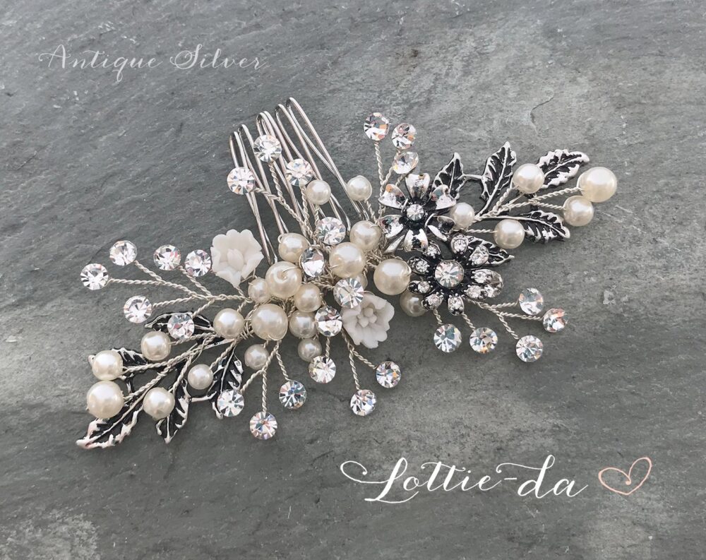 Wedding Hair Accessory Boho Vintage Style Comb, Gold, Silver, Rose Antique Silver - "Zara'