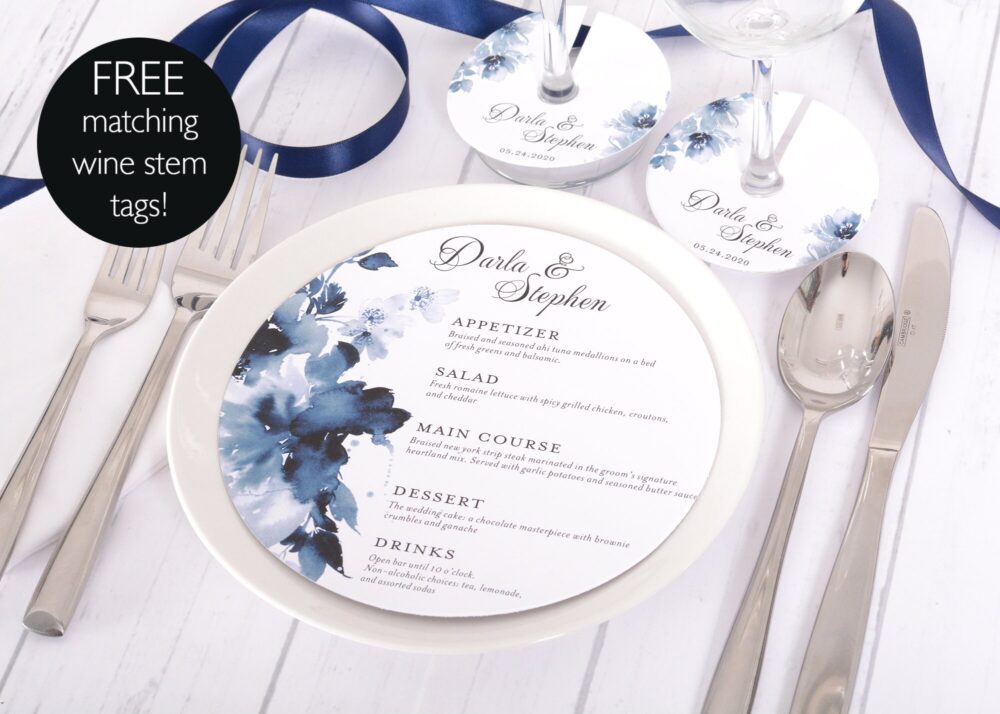 Round Wedding Menus - Plate Free Matching Wine Stem Tags 6.5" Blue Floral Menu Dinner #wdim-332