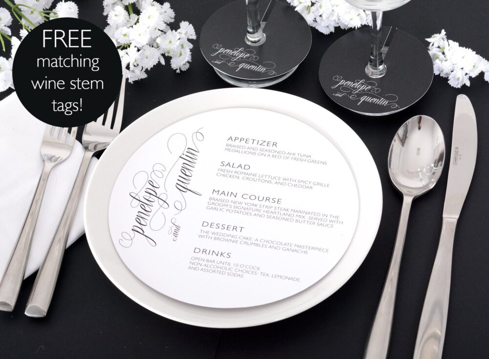 Round Wedding Menus - Plate Free Matching Wine Stem Tags 6.5" Script Font Menu Dinner #wdim-327