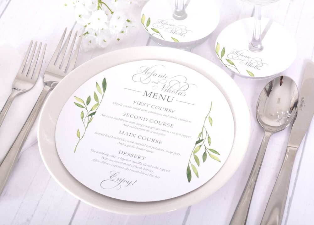 Round Wedding Menus - Plate Free Matching Wine Stem Tags 6.5" Greenery Menu Dinner #wdim-321