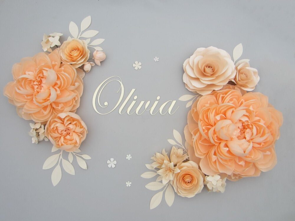 Baby Name Sign With Large Paper Flowers For Wall Above Crib, Crepe Backdrop Nursery Decor, Peach Peony Art