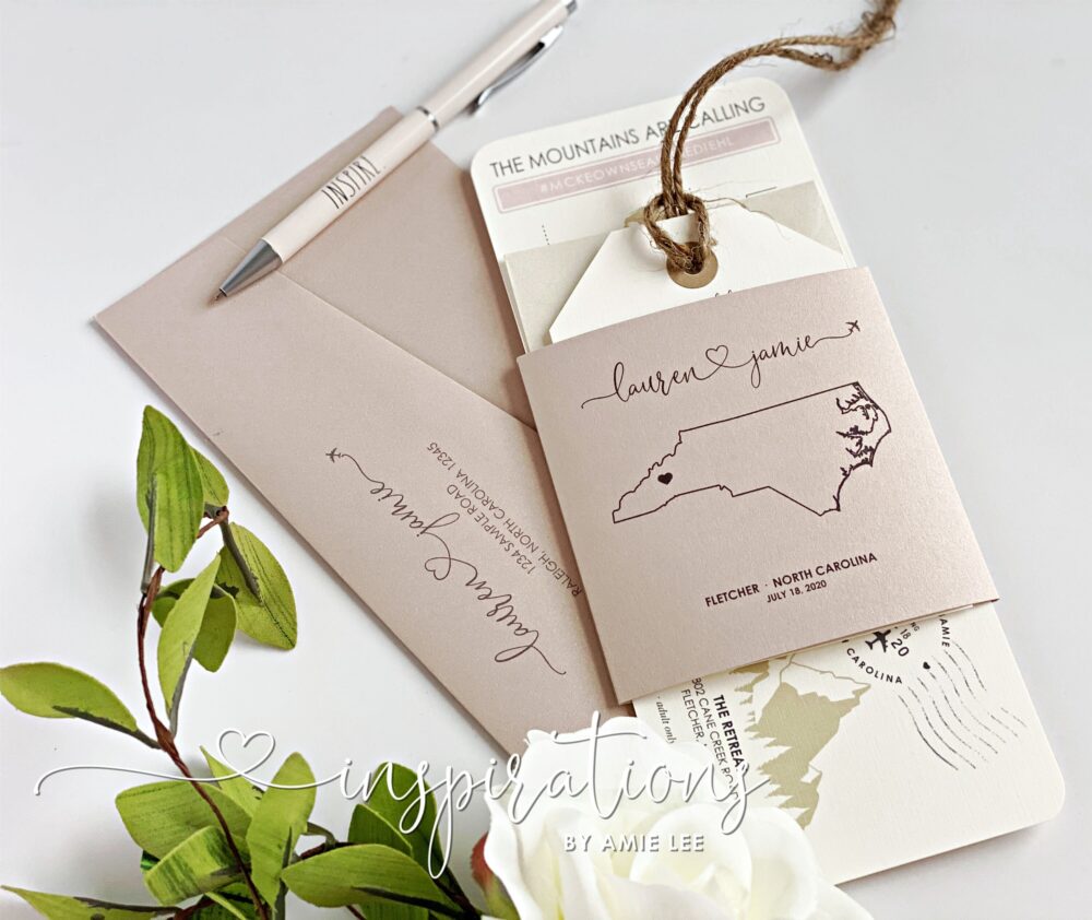 Boarding Pass Wedding Invitations, Destination Wedding, Airplane Ticket, Travel Theme, Mountain Rose Gold Blush Invitations