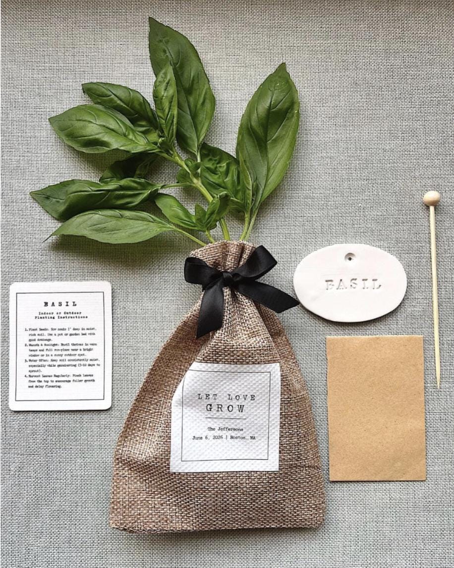 Herb Wedding Favor Bags Basil Or Thyme Seeds, Personalized Garden Marker