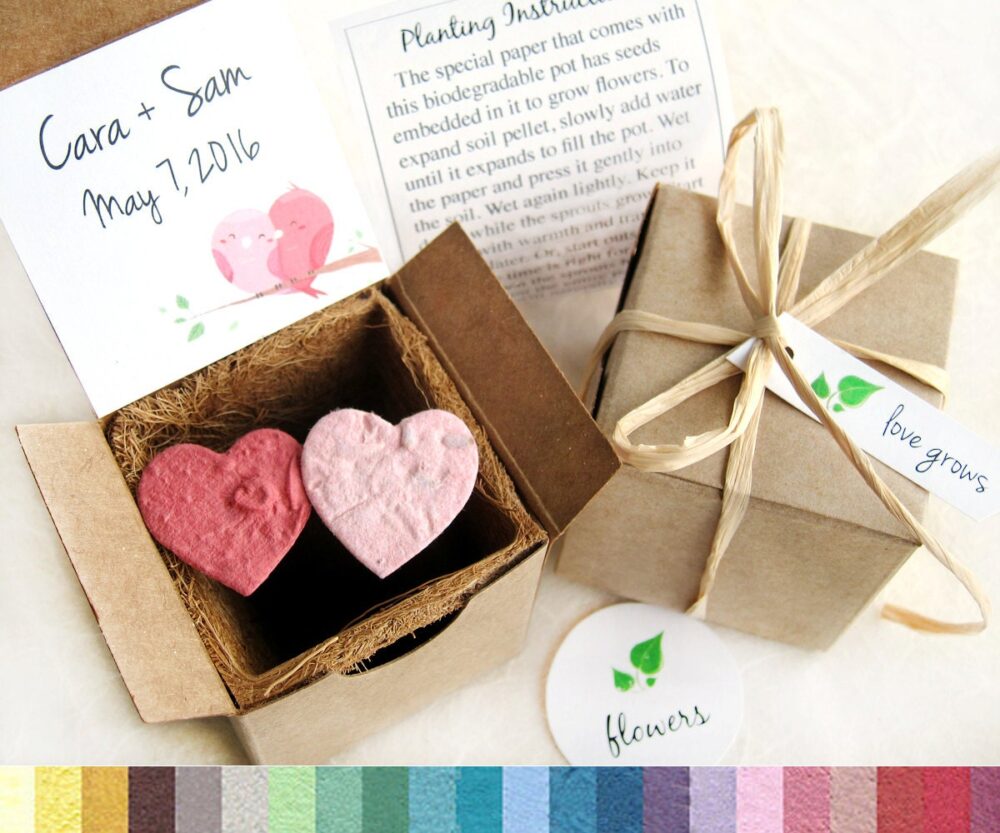 Seed Paper Wedding Favor Plantable Flower Pot, Confetti Hearts, Custom Tag