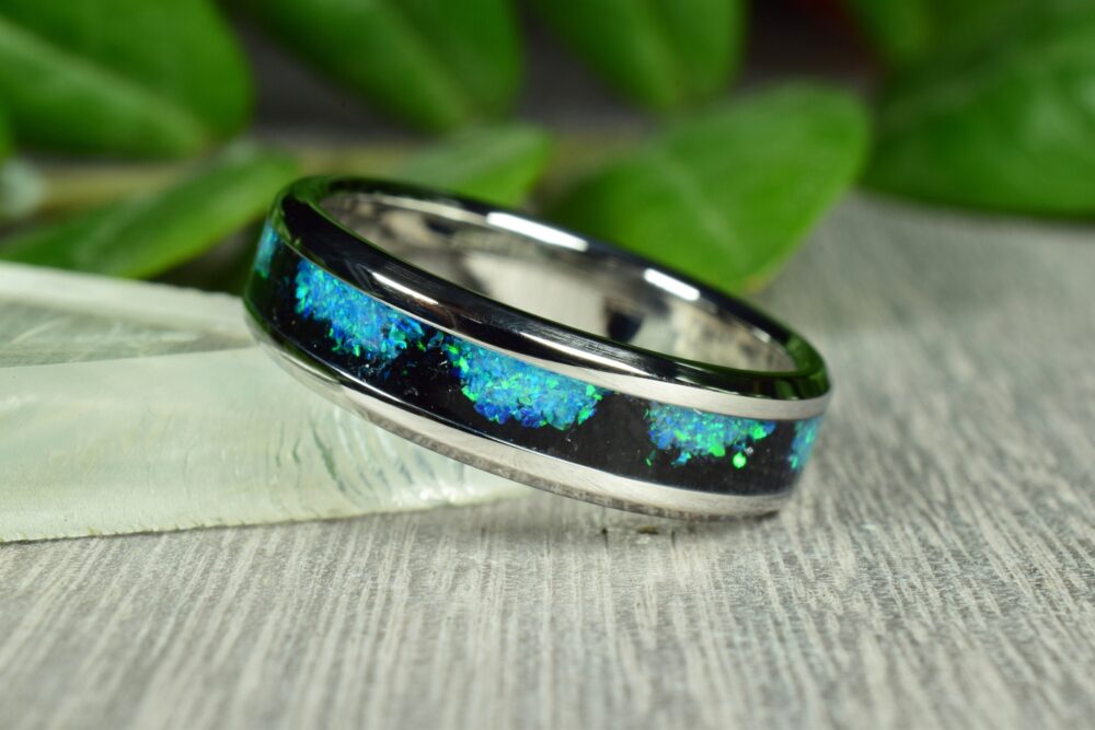 Wedding Ring, Stainless Steel Ring With Crushed Black Tourmaline, Blue & Green Opal Inlay