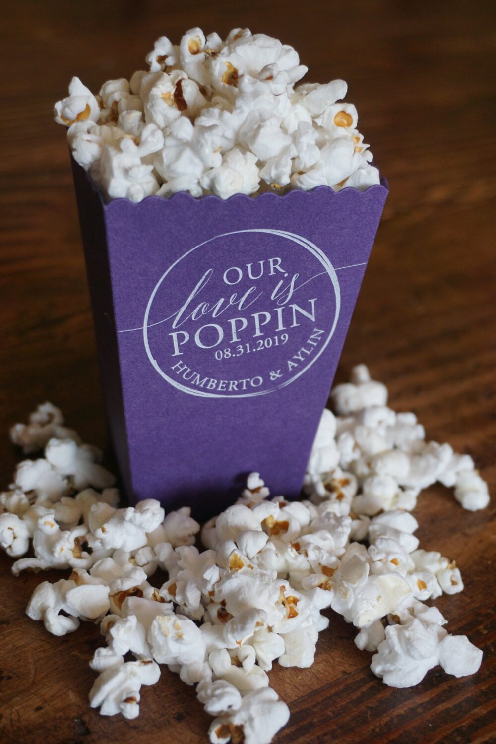 Custom Popcorn Box Purple Wedding Favor-Printed White Ink - Personalized Boxes Favor Bar