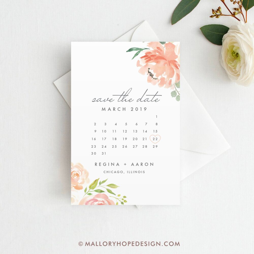 Printed Floral Calendar Save The Date Watercolor Wedding | Magnet Or Postcard