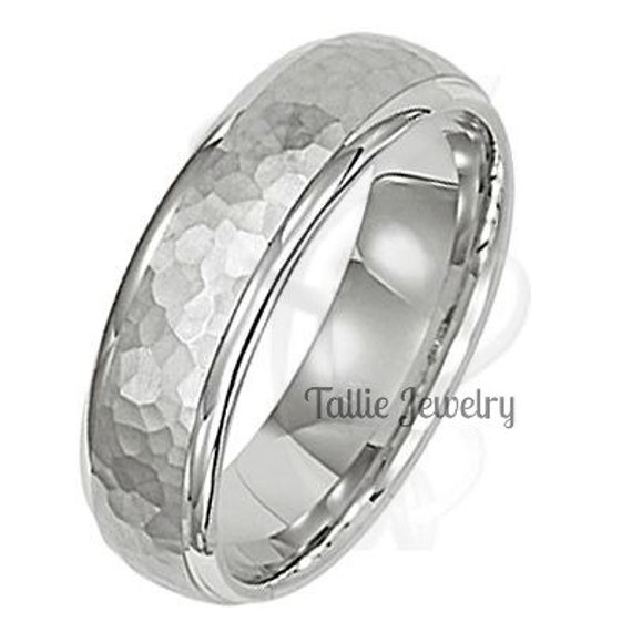 Hammered Finish Mens Wedding Band, Ring, 6mm 10K 14K 18K Solid White Gold Bands, Rings For Men, His & Hers