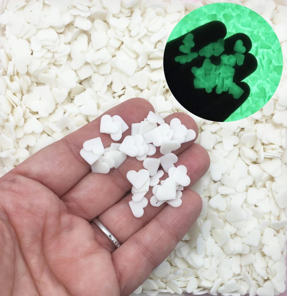 Larger Glow in The Dark 10mm Heart Polymer Clay Sprinkles, Fake Bake Fimo Table Scatter Confetti, Tumbler Shaker Fill, Slime Supplies S172